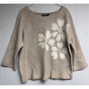 Troubadour Flower Wool Sweater Women Sz XL Tan White 3/4 Sleeve